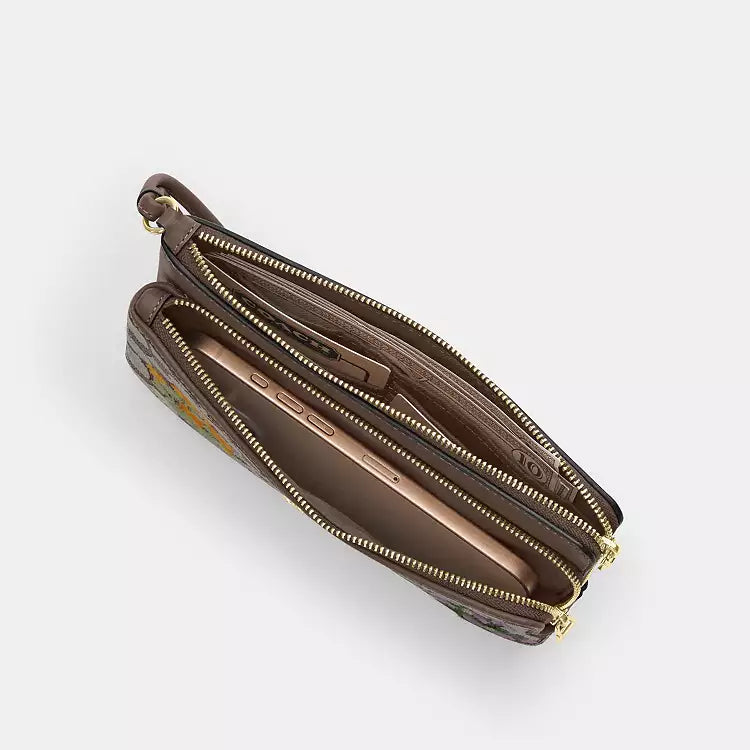 Coach Double Zip Wristlet In Signature Jacquard With Floral Embroidery