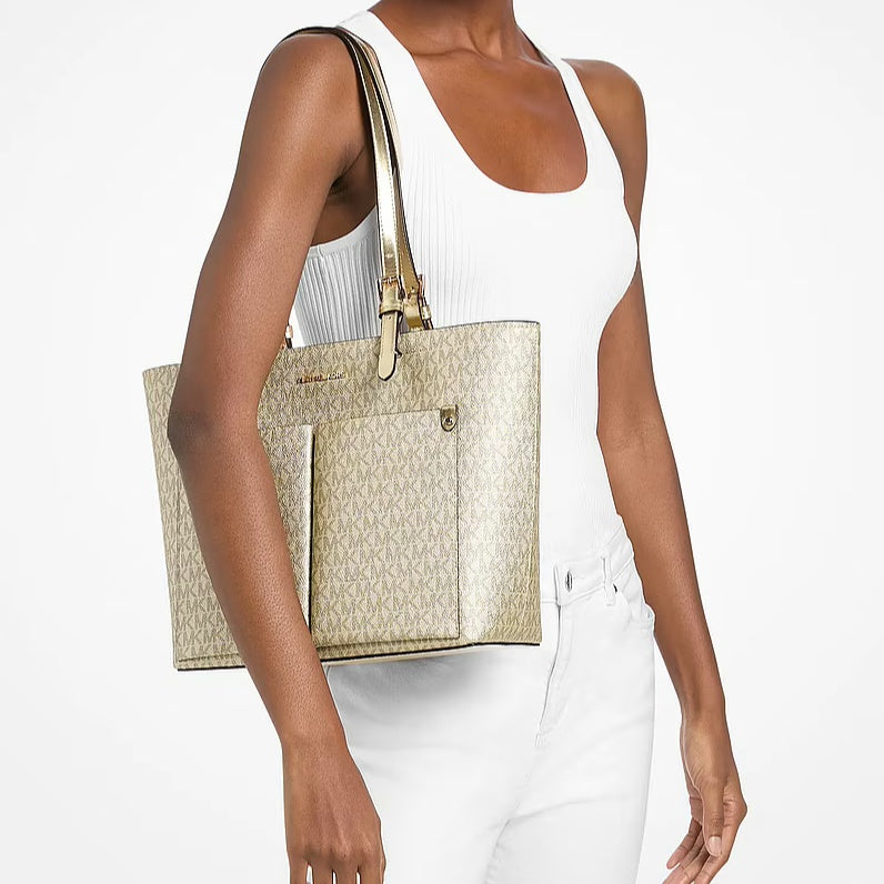 Michael Kors Jet Set Medium metallic logo pocket tote – detail view