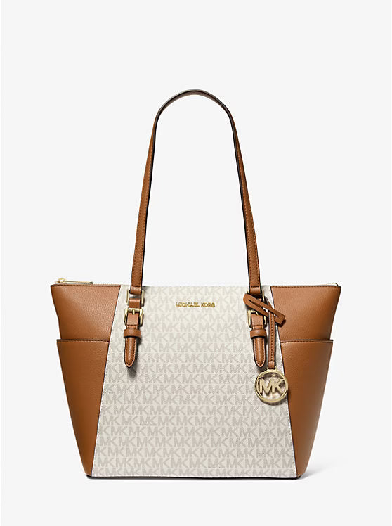 Michael Kors Charlotte Large Logo and Leather Top-Zip Tote Bag White image 0