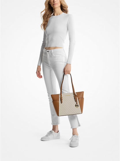 Michael Kors Charlotte Large Logo and Leather Top-Zip Tote Bag White image 2