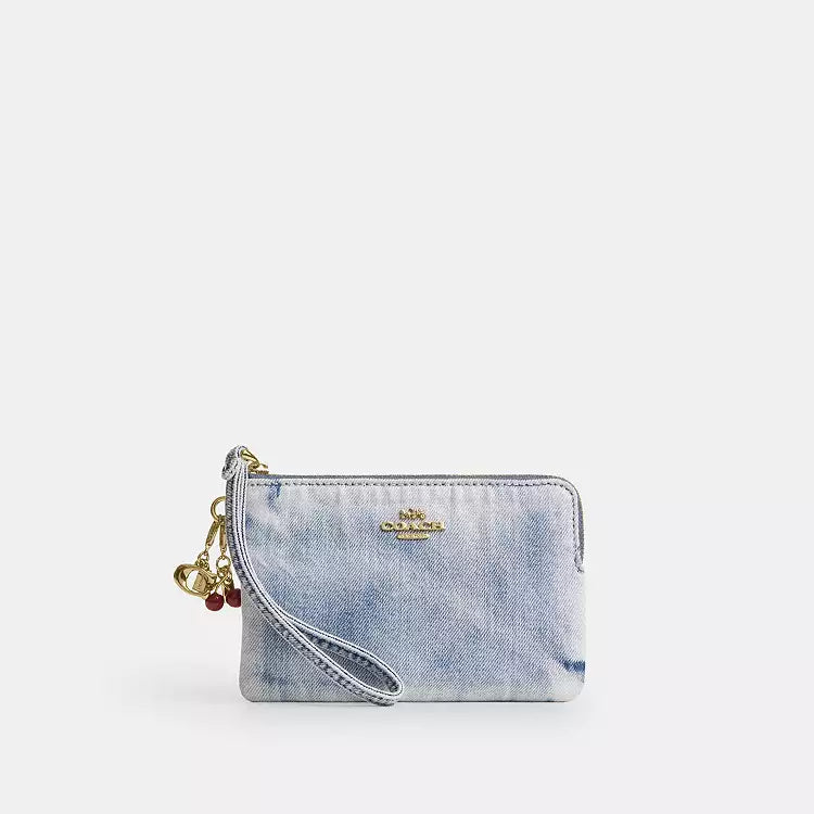 Coach Corner Zip Wristlet In Loved Denim With Charms