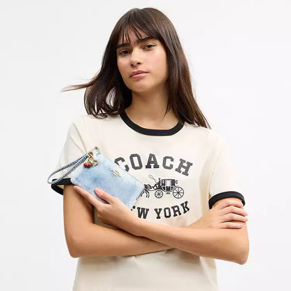 Coach Corner Zip Wristlet In Loved Denim With Charms