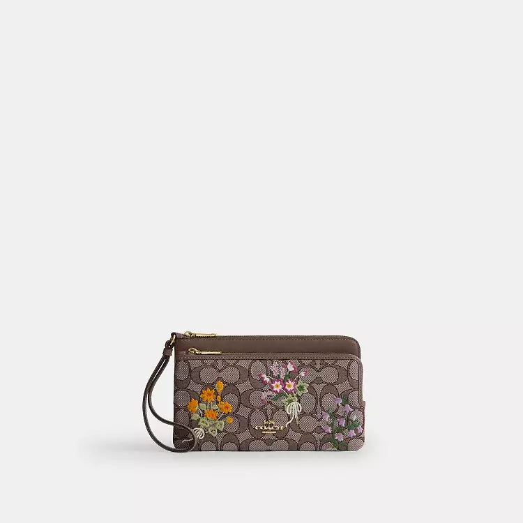 Coach Double Zip Wristlet In Signature Jacquard With Floral Embroidery