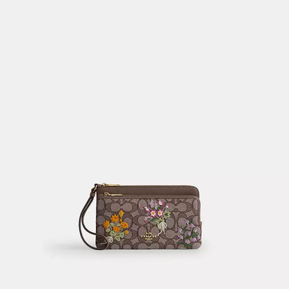 Coach Double Zip Wristlet In Signature Jacquard With Floral Embroidery