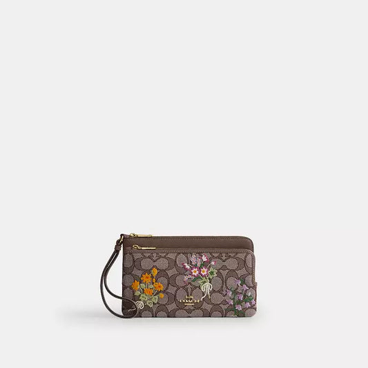 Coach Double Zip Wristlet In Signature Jacquard With Floral Embroidery